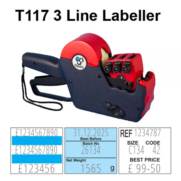 Image of Open Data T117 label gun with example labels